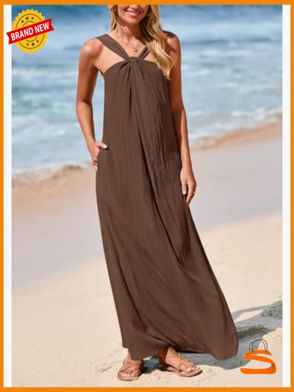 Womens Sleeveless Maxi Beach Vacation Dress with Pockets - Picture 6 of 7